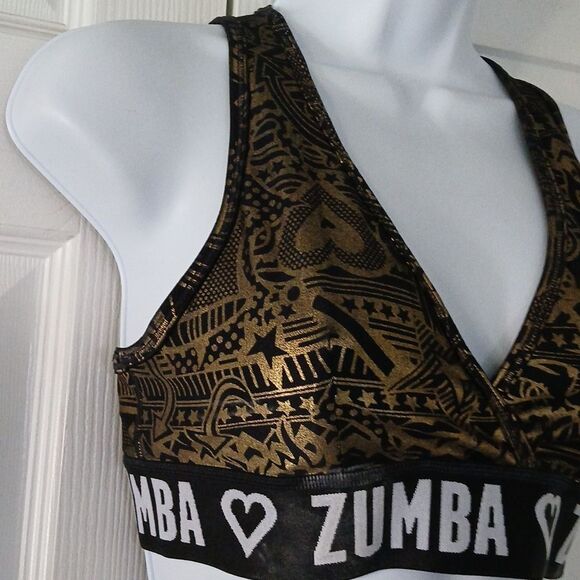 Zumba Wear Marvelous gold black metallic sports Bra Sz M - Picture 3 of 7